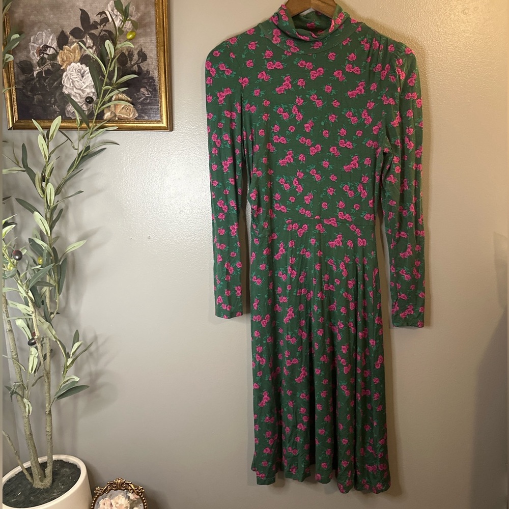 ModCloth Green Pink Rose Floral Mock Neck Dress Medium Long Sleeve Cottagecore - Picture 4 of 9
